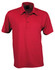 A red polo shirt featuring a classic collar and button placket, with a logo on the chest.