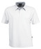 A white polo shirt featuring a classic collar and a brand label on the side.