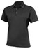 A black polo shirt with a collar, featuring short sleeves and a logo on the chest.