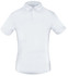 A white polo shirt featuring a collar and short sleeves, with a logo on the chest.