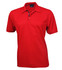 A red polo shirt with a classic collar and three-button placket, featuring a branding logo.