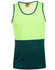 A high-visibility singlet in bright yellow and dark green, featuring a logo on the fabric.