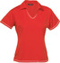 A red ladies' polo shirt featuring a V-neck and white piping details, with a logo on the chest area.