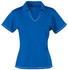 A blue ladies' polo shirt featuring a V-neck collar and contrasting white trim. It has a logo on it.