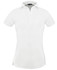 A white ladies' polo shirt with a collar and short sleeves, featuring a logo on the chest.