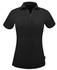 A black ladies' polo shirt featuring short sleeves, a collar, and a button placket. The shirt has a logo.