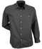 A dark grey long-sleeve button-up shirt with a chest pocket and a logo.