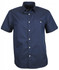 A short-sleeved men's button-up shirt in navy blue with a front pocket and a logo.