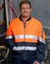A Hi-Vis two-tone jacket in orange and navy, featuring reflective 3M tapes and a zip closure. It has a logo on the sleeve.