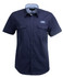 A navy short-sleeve men's shirt with two chest pockets and a logo on the front.