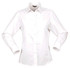 A white long-sleeve button-up shirt for ladies featuring a collar and a fitted design. It has a logo on the fabric.