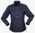 A navy long-sleeve button-up shirt for ladies featuring a collar and a logo on the fabric.