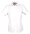 A white short-sleeved button-up shirt for ladies, featuring a collar and a logo.