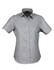 A light grey short-sleeve button-up shirt with a collar and a logo on the front.
