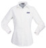 A white button-up shirt for ladies with long sleeves and a logo on the chest.