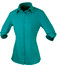 A teal button-up shirt with a collar and rolled-up sleeves, featuring a logo.