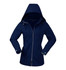 A navy blue soft shell jacket for ladies featuring a hood and zip closure, with a logo on the chest.