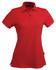 A red ladies' polo shirt featuring a collared neckline and short sleeves, with a branding logo.