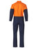 A two-tone cotton drill coverall in orange and navy, featuring a fitted waist and long sleeves. Includes a logo.