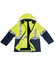 A high-visibility three-in-one safety jacket in bright yellow and navy, featuring reflective strips and a detachable inner layer.