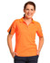 A bright orange ladies' polo shirt with a black accent, featuring a collar and short sleeves. It has a logo.