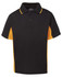 A black and orange polo shirt with a collar and short sleeves, featuring a logo on the front.