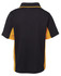 A black and yellow polo shirt featuring a branded logo, showcasing a classic design with short sleeves.