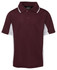 A maroon polo shirt with white side panels and a collar, featuring a branded logo on the neckline.