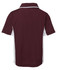 A maroon polo shirt with white accents and a collar, featuring a logo on the front.