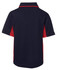 A navy and red polo shirt featuring a collar and short sleeves. The back view highlights contrasting colours and a logo.