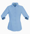 A light blue 3/4 sleeve ladies' button-up shirt with a collar and a logo.