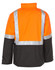 Hi-Vis two-tone rainproof quilted safety jacket in orange and black, featuring reflective 3M tapes and a logo.