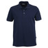 A navy blue men's polo shirt featuring a classic collar and three-button placket, with a logo on the tag.