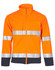 A bright orange two-tone safety jacket featuring reflective strips, with a zip front and a collar. It has a logo.