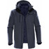 A men's jacket in dark blue with a hood, featuring multiple pockets and a zip closure. It has a logo.