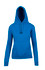 A bright blue women's juniors hoodie featuring a kangaroo pocket and a drawstring hood.