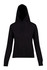 A black women's junior kangaroo pocket hoodie featuring a drawstring hood and long sleeves.