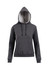 A grey women's juniors hoodie featuring a kangaroo pocket and a drawstring hood. The design includes a logo.
