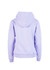 A lilac hoodie with a kangaroo pocket and a hood, featuring a smooth finish. It has a logo on the back.