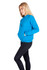 A vibrant blue women's kangaroo pocket hoodie with a relaxed fit and drawstring hood, paired with black jeans.