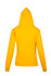 A yellow women's juniors kangaroo pocket hoodie, featuring a spacious hood and a fitted design from the back view.