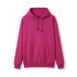 A pink men's kangaroo pocket hoodie with a hood and drawstrings, featuring a single front pocket.