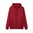 A red men's hoodie featuring a kangaroo pocket and drawstrings, with a logo present.