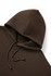 A brown kangaroo pocket hoodie featuring a hood and drawstring, with a branded label inside.