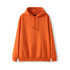 An orange men's hoodie featuring a kangaroo pocket and a drawstring hood. Includes a logo.