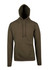 A men's kangaroo pocket hoodie in olive green with a front pocket and drawstring hood. It features a logo.