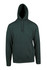 A dark green men's hoodie with a kangaroo pocket and a drawstring hood. It features a logo on the front.