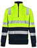 A high-visibility yellow and navy work jumper featuring reflective stripes and a zippered collar. It has a logo.