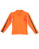 A long-sleeved, high-visibility polo shirt in bright orange with black accents and a branding logo.