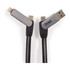 A grey and black charging cable with USB-C and Lightning connectors, featuring a branding logo on one side.